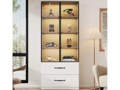 Vitrina|Merax Vitrine de vidro - 60 x 40 x 160 cm - com LEDs + 3 gavetas + portas de vidro temperado - aglomerado - branca Branco