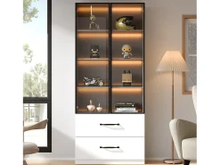 Vitrina|Merax Vitrine de vidro - 60 x 40 x 160 cm - com LEDs + 3 gavetas + portas de vidro temperado - aglomerado - branca Branco