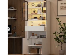 Best Merax Vitrine de vidro - 70 x 30 x 200 cm - com 1 gaveta + 2 portas de vidro + LEDs - aglomerado - Branco