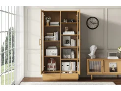 Vitrina|Merax Vitrine de vidro - 80 x 40 x 160 cm - prateleiras deslocadas - com 2 gavetas - MDF - natural Natural claro