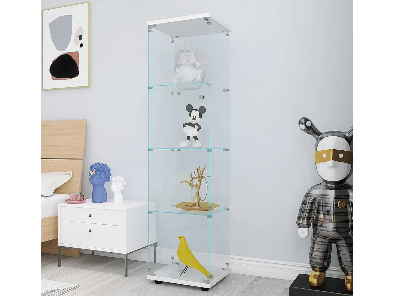 Vitrine de vidro 164 cm – 4 prateleiras, 1 porta com fechadura, Móvel de arrumação moderno,^ Vitrina