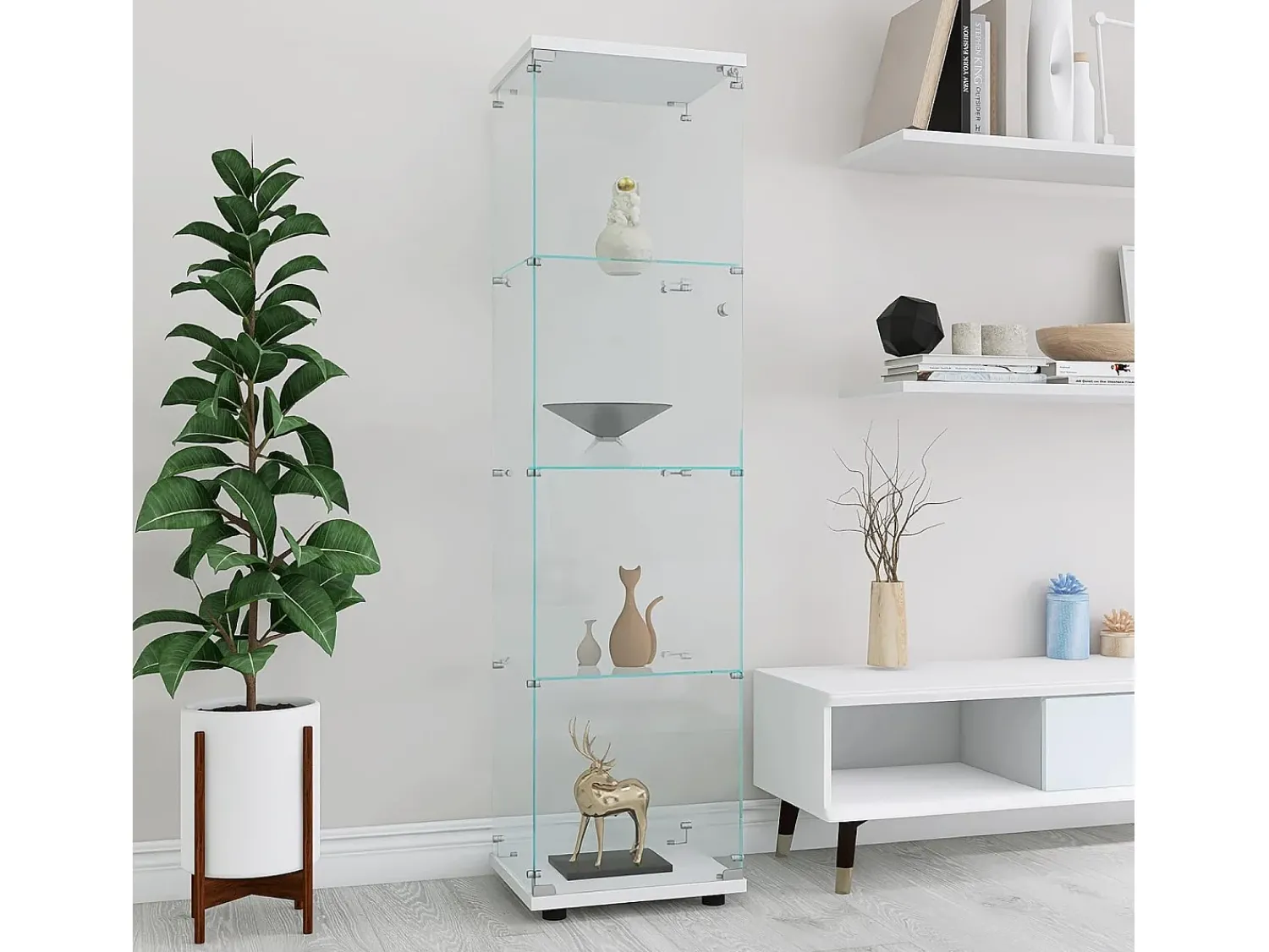 Vitrine de vidro 164 cm – 4 prateleiras, 1 porta com fechadura, Móvel de arrumação moderno,^ Vitrina