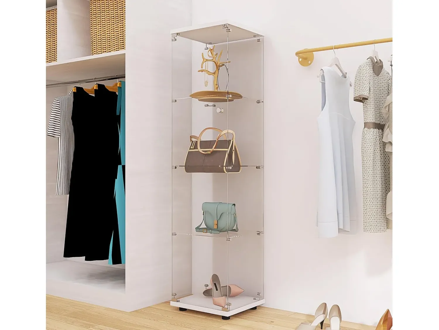 Vitrine de vidro 164 cm – 4 prateleiras, 1 porta com fechadura, Móvel de arrumação moderno,^ Vitrina