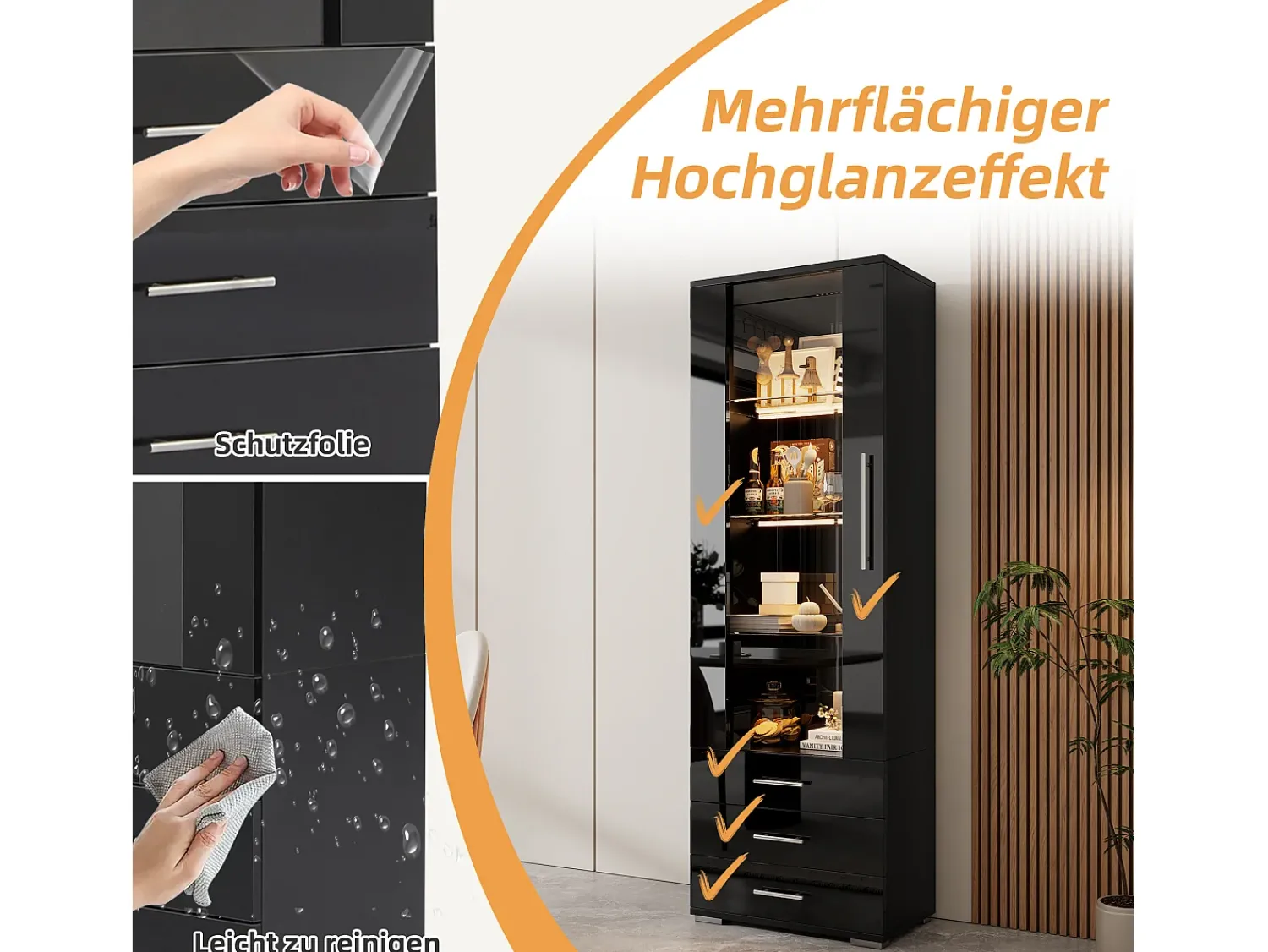Hot Merax Vitrine de Vidro Brilhante - 60 x 180 x 35 cm - com LEDs - Vitrine Vertical com 3 Gavetas - MDF - Preto