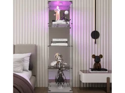 Vitrina| Vitrine de vidro com 1 porta e fechadura, para sala de estar, branca com luz e espelho, 164x42,5x36,5 cm Branco