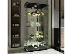 Vitrina| Vitrine de vidro com 4 prateleiras, vitrine de 2 portas com luz e fechadura, preta Preto