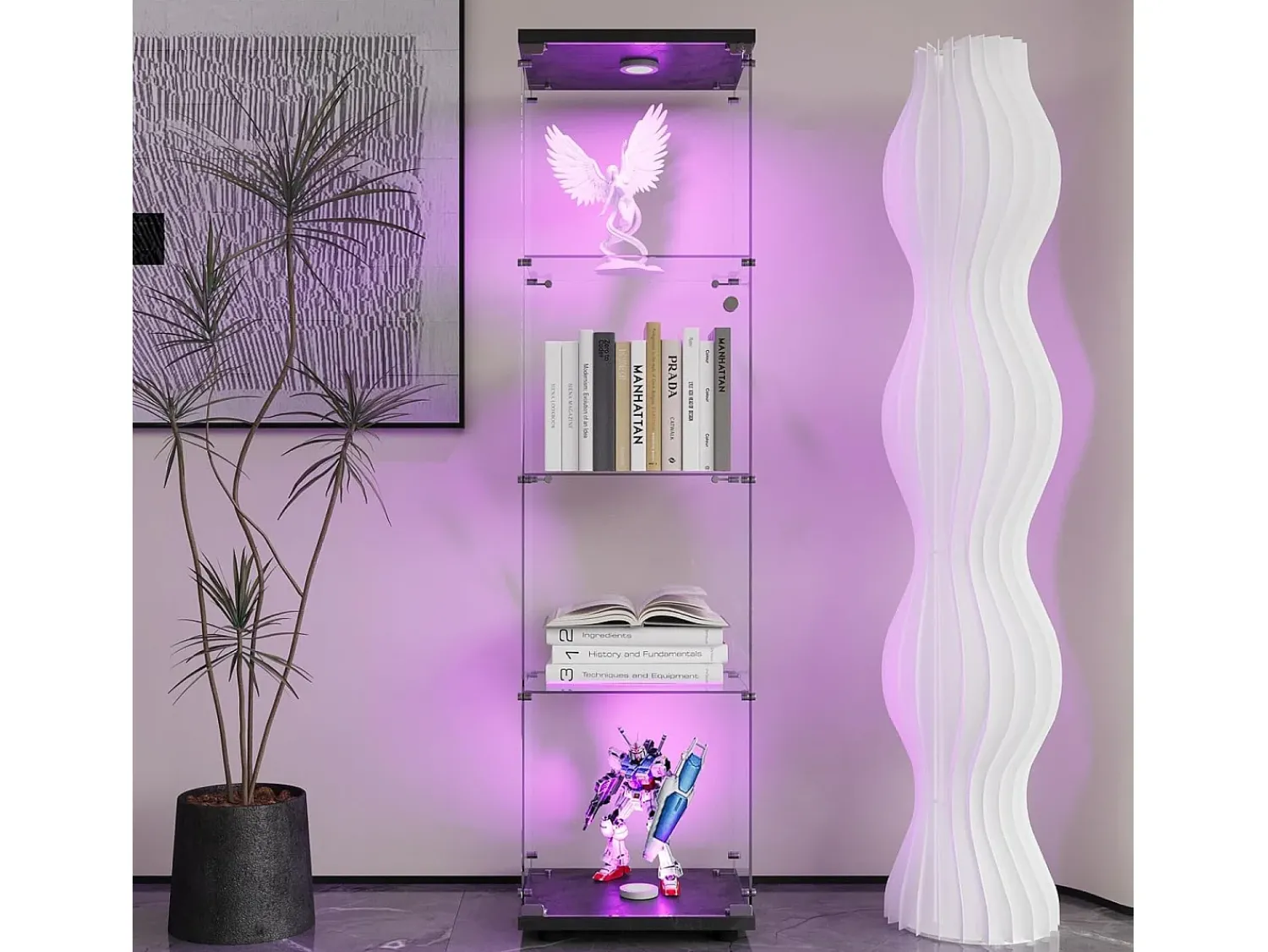 Vitrina| Vitrine de vidro com 4 prateleiras, LED, 1 porta, 164x42x36 cm, armário de coleta, , transparente Preto