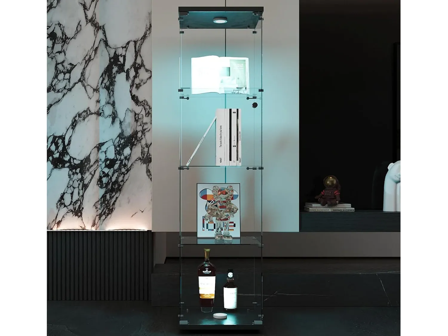 Vitrina| Vitrine de vidro com 4 prateleiras, LED, 1 porta, 164x42x36 cm, armário de coleta, , transparente Preto