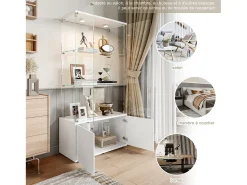 Vitrina| Vitrine de vidro com 3 prateleiras, armários e iluminação LED - Design moderno, Branco