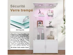 Vitrina| Vitrine de vidro com 3 prateleiras, armários e iluminação LED - Design moderno, Branco