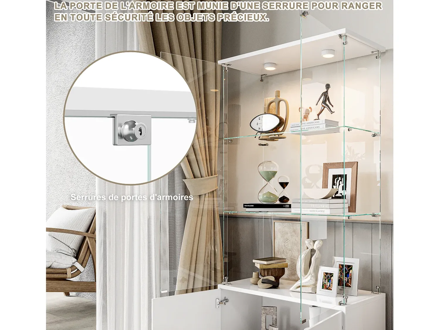 Vitrina| Vitrine de vidro com 3 prateleiras, armários e iluminação LED - Design moderno, Branco
