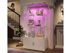 Vitrina| Vitrine de vidro com 3 prateleiras, armários e iluminação LED - Design moderno, Branco