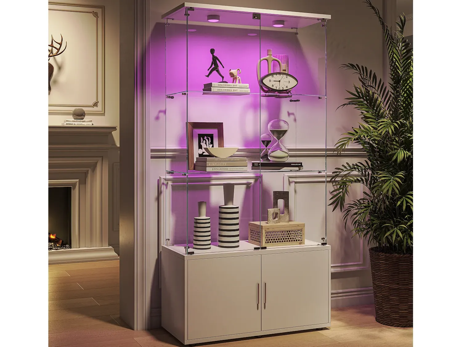 Vitrina| Vitrine de vidro com 3 prateleiras, armários e iluminação LED - Design moderno, Branco