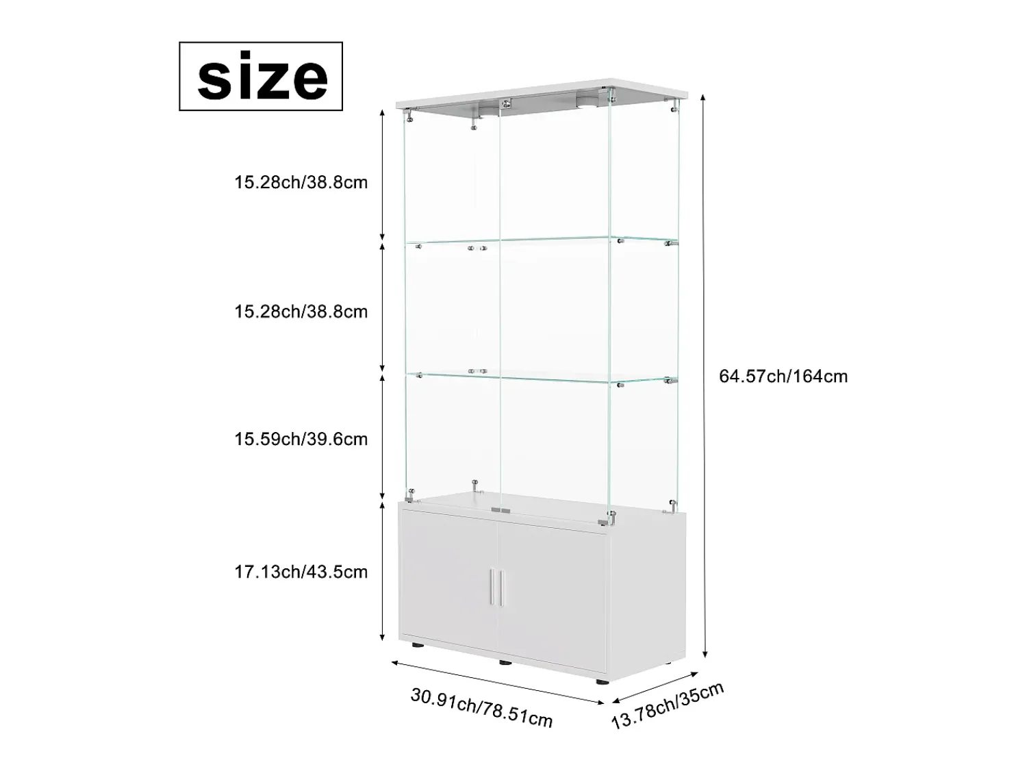 Vitrina| Vitrine de vidro com 3 prateleiras, armários e iluminação LED - Design moderno, Branco