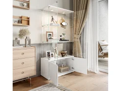 Vitrina| Vitrine de vidro com 3 prateleiras, armários e iluminação LED - Design moderno, Branco