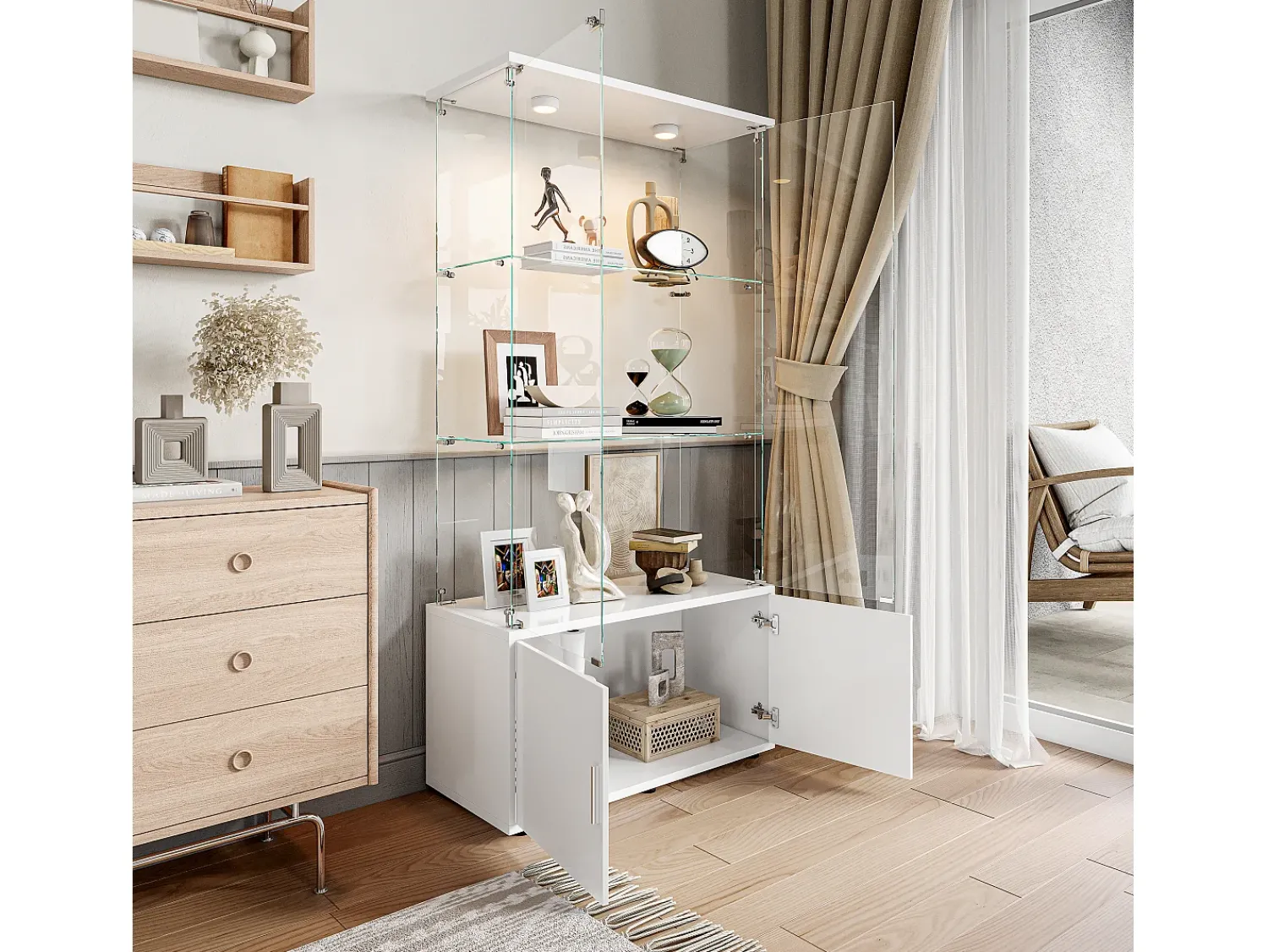 Vitrina| Vitrine de vidro com 3 prateleiras, armários e iluminação LED - Design moderno, Branco