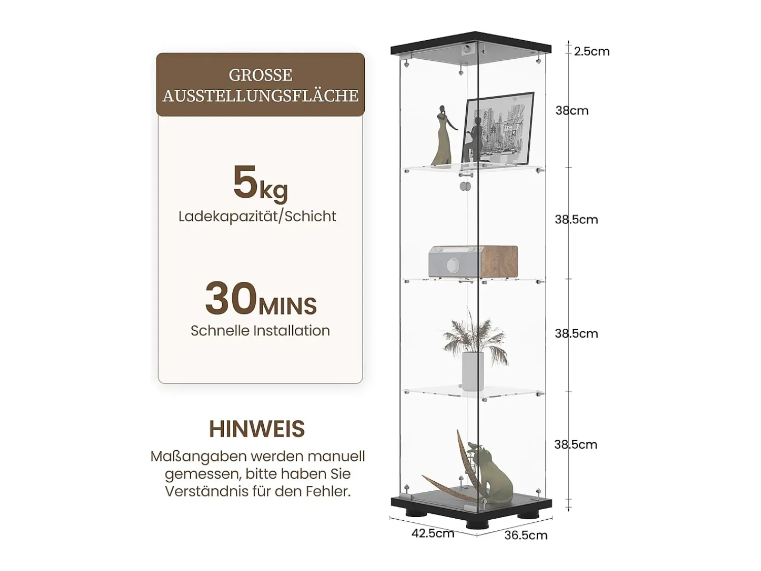 Vitrina* Vitrine de vidro com 4 prateleiras e 1 porta, 164x42x36 cm, armário de coleção, , transparente Preto