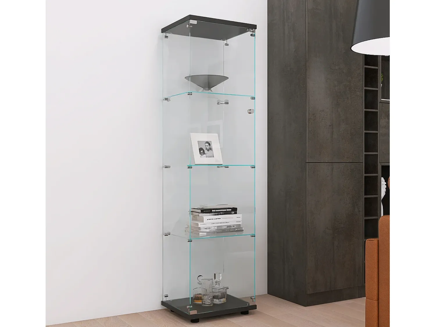 Vitrina* Vitrine de vidro com 4 prateleiras e 1 porta, 164x42x36 cm, armário de coleção, , transparente Preto