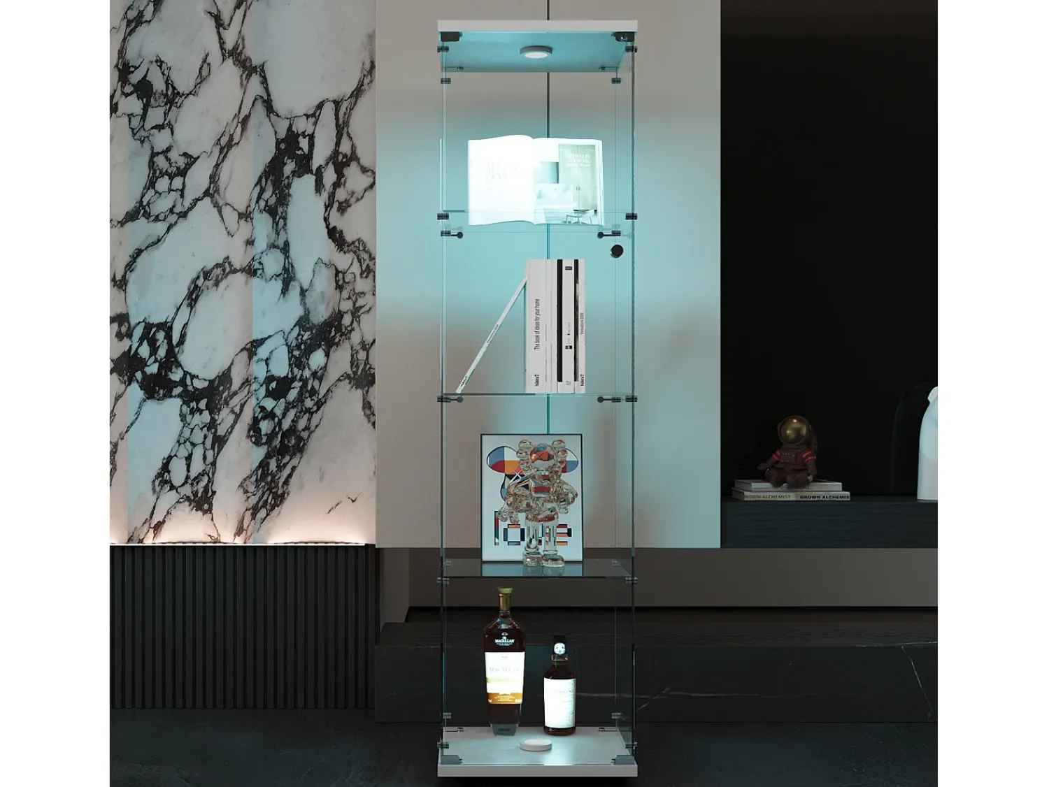 Vitrine de vidro com 4 prateleiras, LED, 1 porta, 164x42x36 cm, armário de coleta, , transparente^ Vitrina