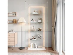 Vitrine de vidro com 5 prateleiras e iluminação LED personalizável – Base branca^ Vitrina