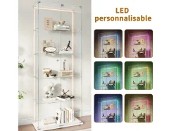 Vitrine de vidro com 5 prateleiras e iluminação LED personalizável – Base branca^ Vitrina