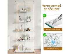 Vitrine de vidro com 5 prateleiras e iluminação LED personalizável – Base branca^ Vitrina