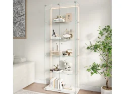 Vitrine de vidro com 5 prateleiras e iluminação LED personalizável – Base branca^ Vitrina