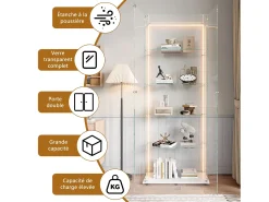 Vitrine de vidro com 5 prateleiras e iluminação LED personalizável – Base branca^ Vitrina