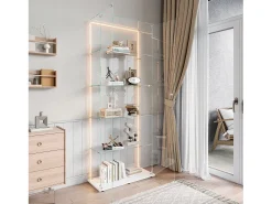 Vitrine de vidro com 5 prateleiras e iluminação LED personalizável – Base branca^ Vitrina