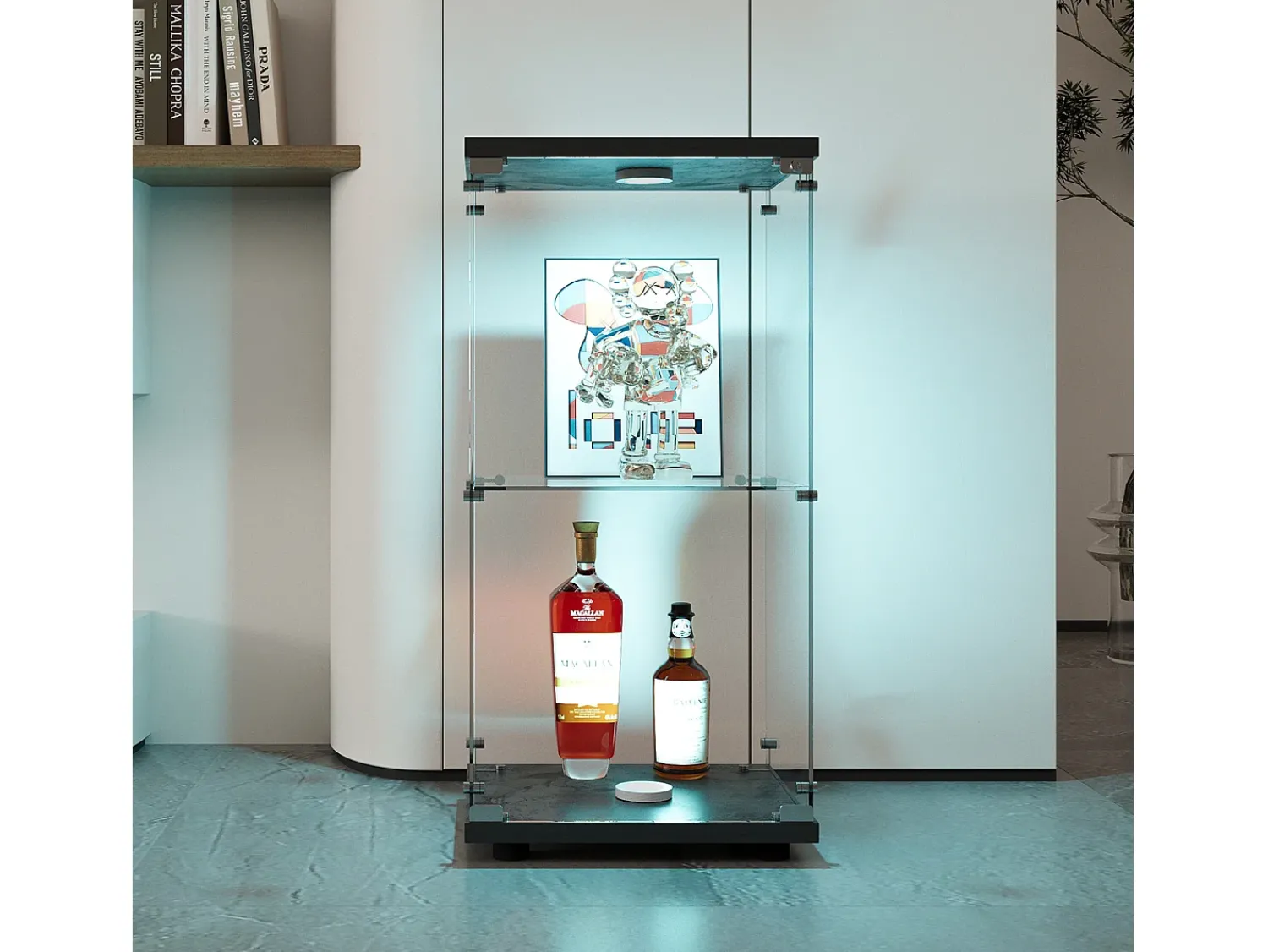 Clearance Vitrine de vidro com 2 prateleiras, vitrine de vidro com luzes LED e portas, 86x40x36 cm, preta Preto