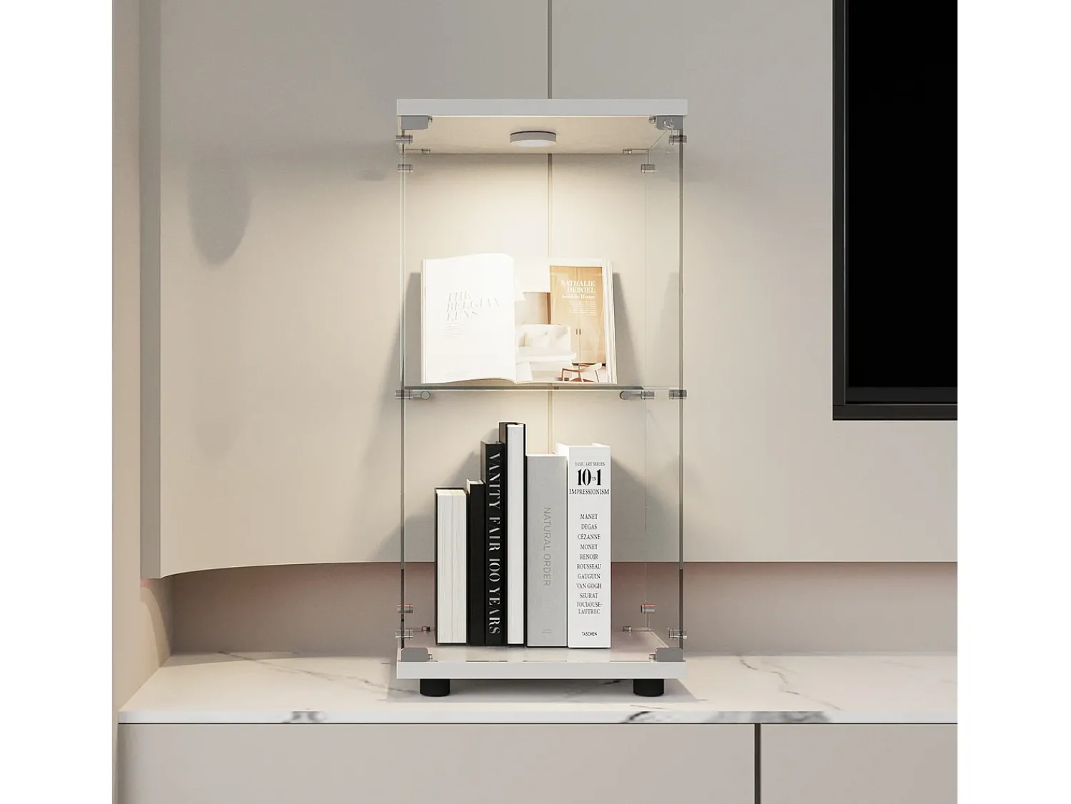 Best Vitrine de vidro com 2 prateleiras, vitrine de vidro com luzes LED e portas, 86x40x36 cm, branca Branco