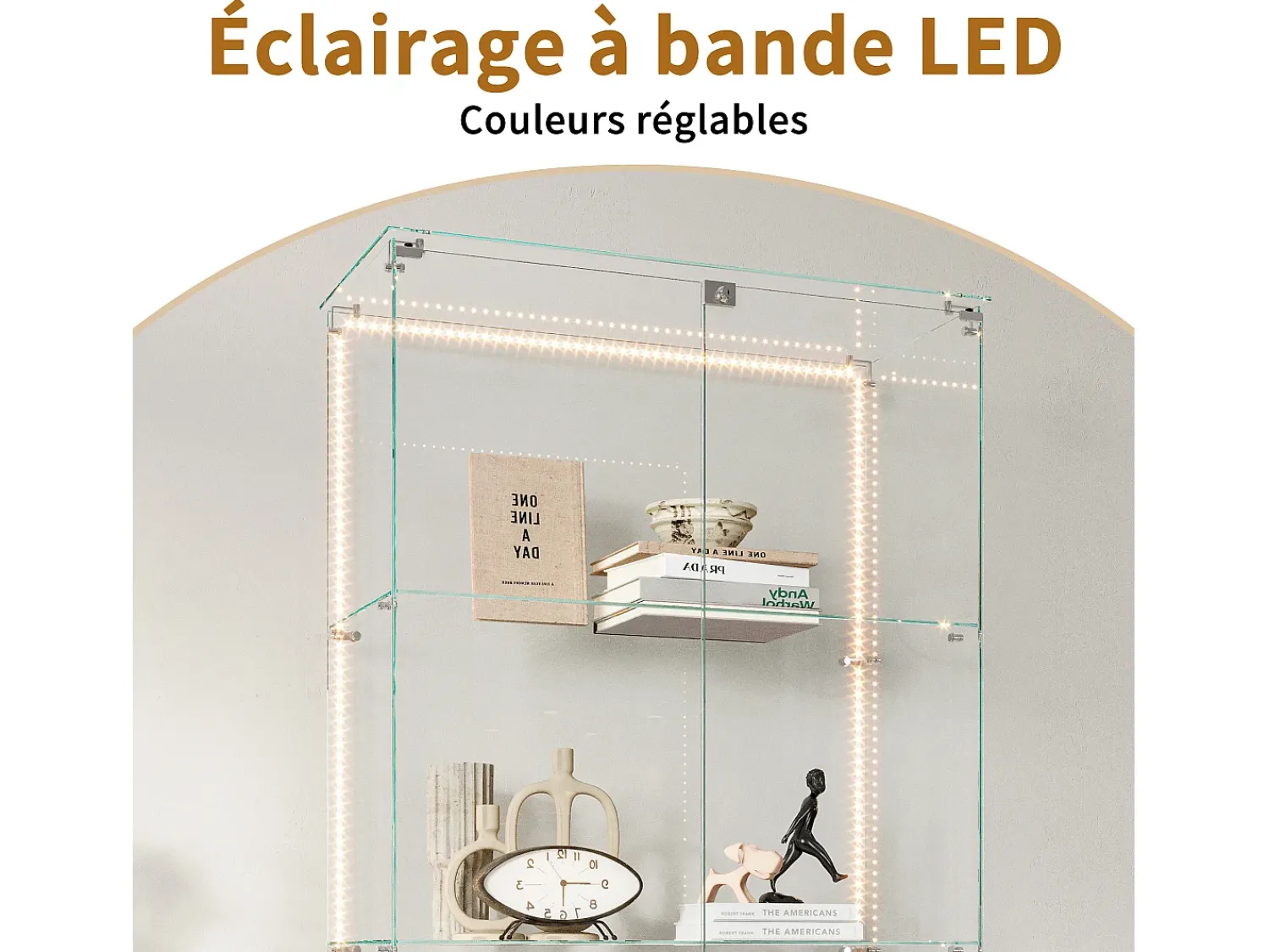 Vitrina* Vitrine de vidro com 5 prateleiras e iluminação LED personalizável – Base preta Preto