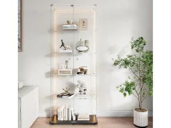 Vitrina* Vitrine de vidro com 5 prateleiras e iluminação LED personalizável – Base preta Preto
