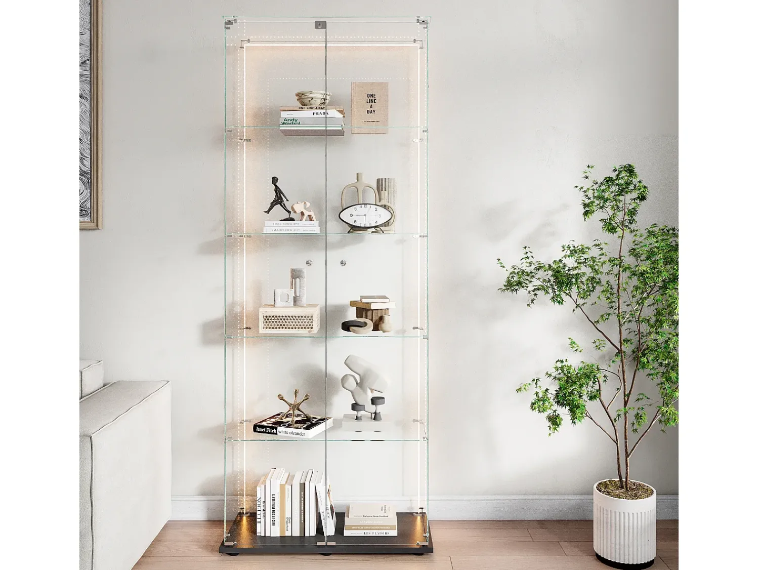 Vitrina* Vitrine de vidro com 5 prateleiras e iluminação LED personalizável – Base preta Preto