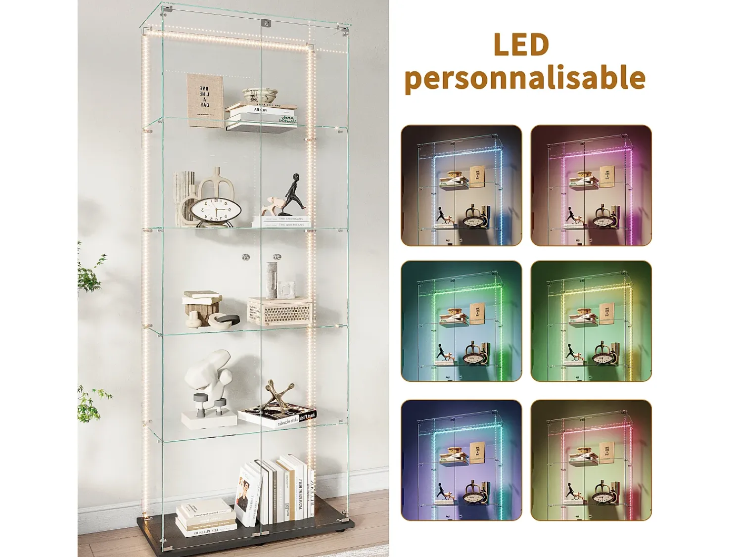 Vitrina* Vitrine de vidro com 5 prateleiras e iluminação LED personalizável – Base preta Preto