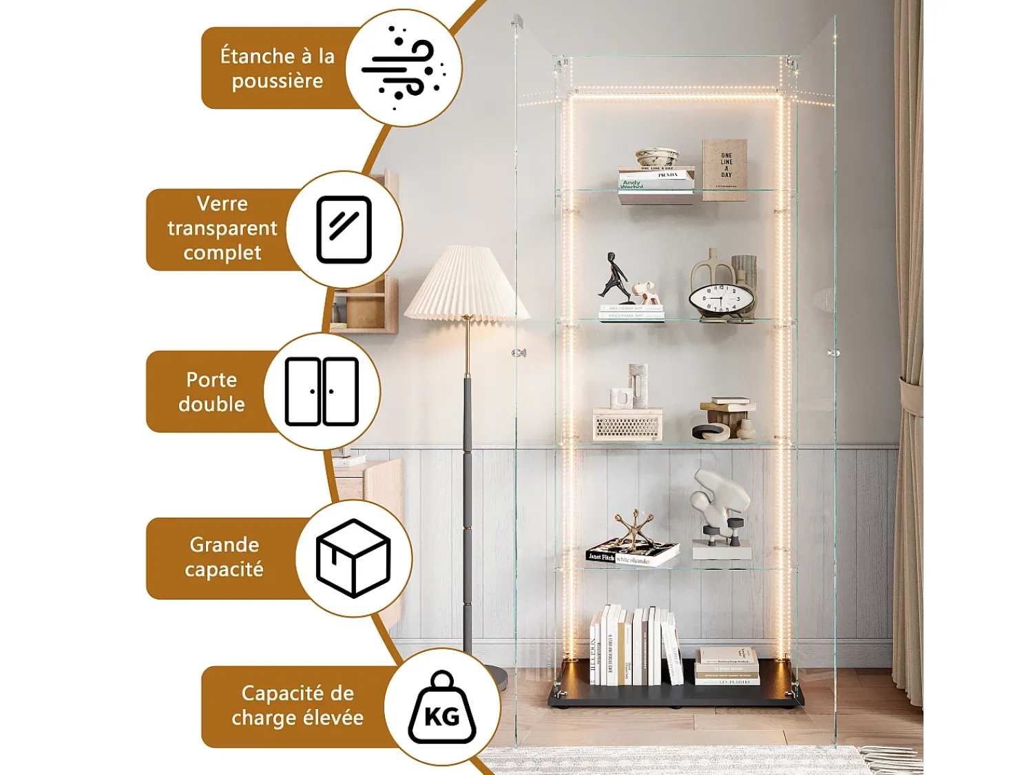 Vitrina* Vitrine de vidro com 5 prateleiras e iluminação LED personalizável – Base preta Preto