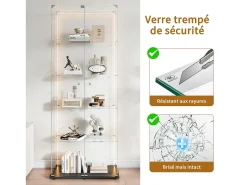 Vitrina* Vitrine de vidro com 5 prateleiras e iluminação LED personalizável – Base preta Preto