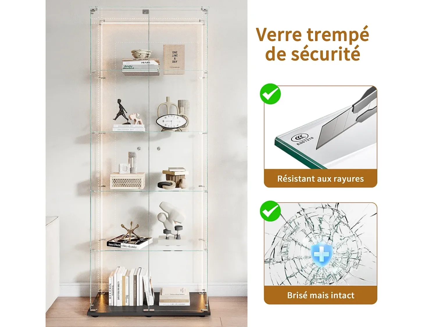 Vitrina* Vitrine de vidro com 5 prateleiras e iluminação LED personalizável – Base preta Preto