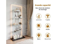 Vitrina* Vitrine de vidro com 5 prateleiras e iluminação LED personalizável – Base preta Preto