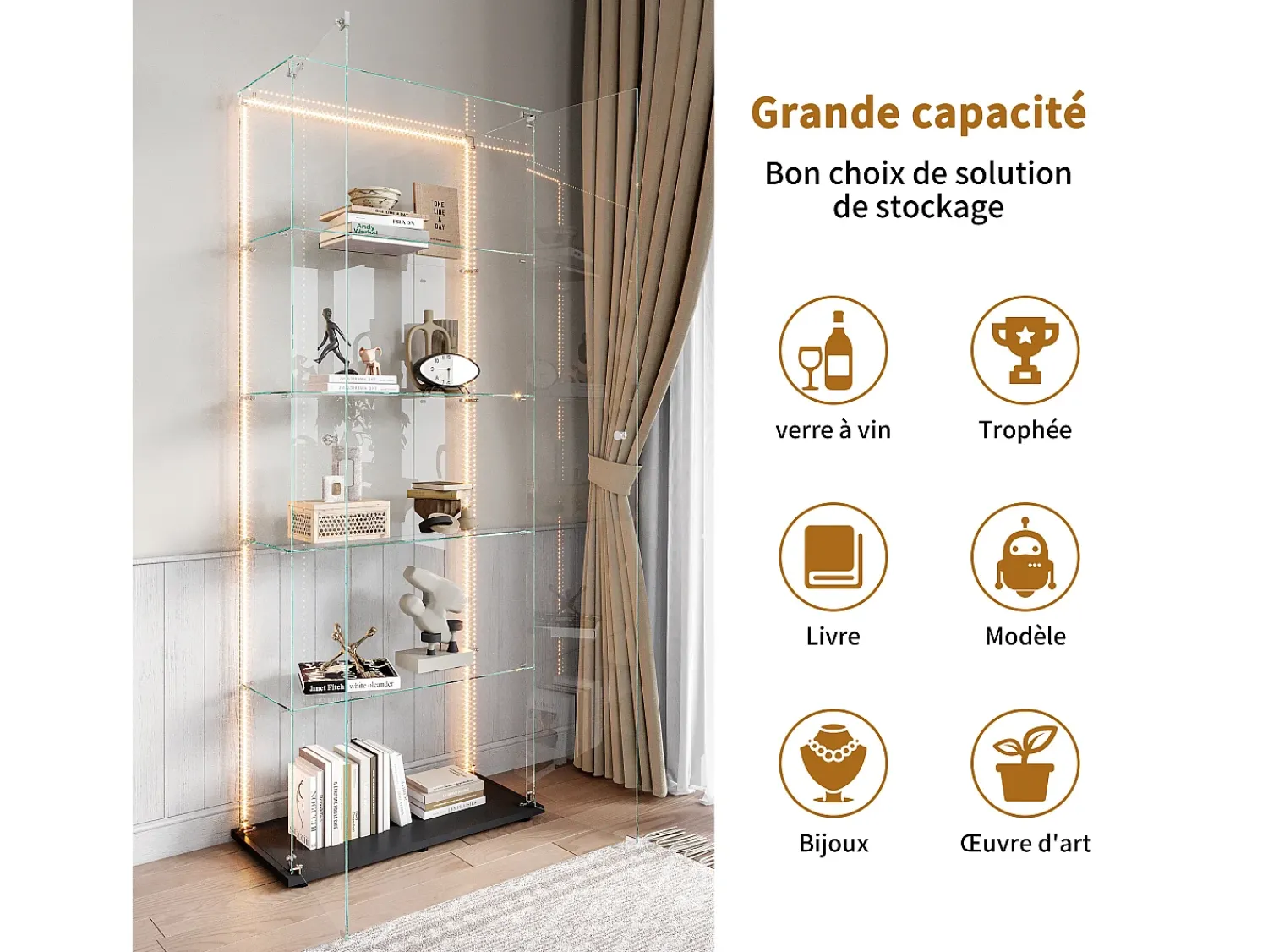 Vitrina* Vitrine de vidro com 5 prateleiras e iluminação LED personalizável – Base preta Preto