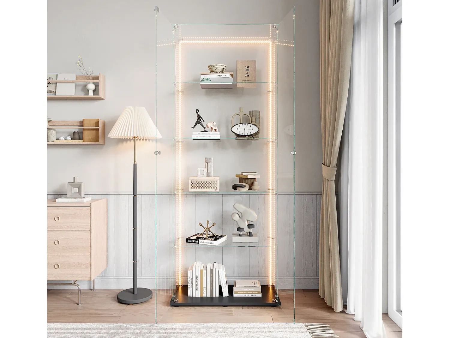 Vitrina* Vitrine de vidro com 5 prateleiras e iluminação LED personalizável – Base preta Preto