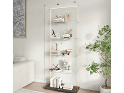 Vitrina* Vitrine de vidro com 5 prateleiras e iluminação LED personalizável – Base preta Preto