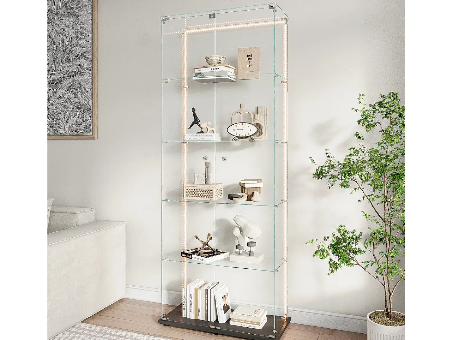 Vitrina* Vitrine de vidro com 5 prateleiras e iluminação LED personalizável – Base preta Preto