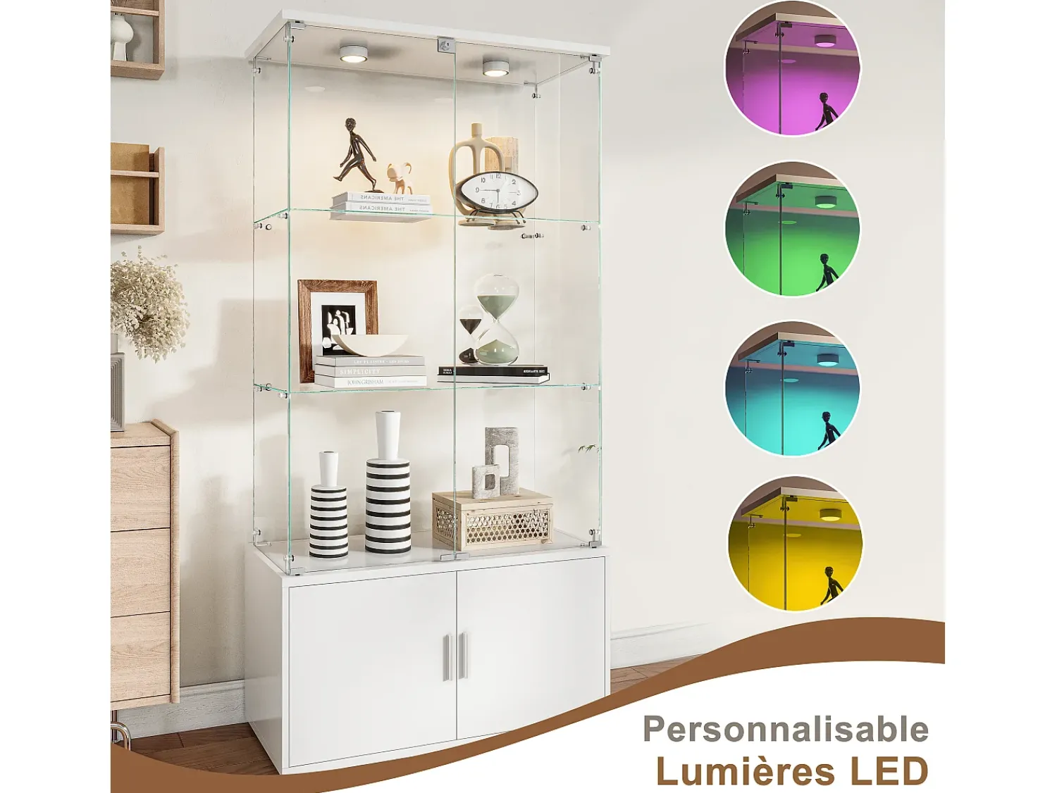 Vitrina* Vitrine de vidro com 3 prateleiras, armários e iluminação LED – Design moderno Branco