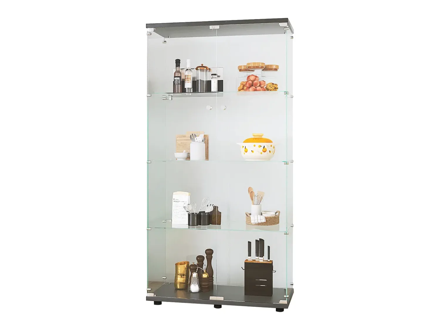 Vitrina| Vitrine de vidro com 4 prateleiras, 2 portas e fechadura, 164 x 80 x 36 cm, preta Preto