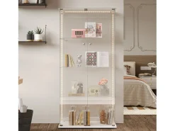 Vitrine de vidro com iluminação LED, 4 prateleiras e 2 portas, 78x35x163 cm, branca.^ Vitrina