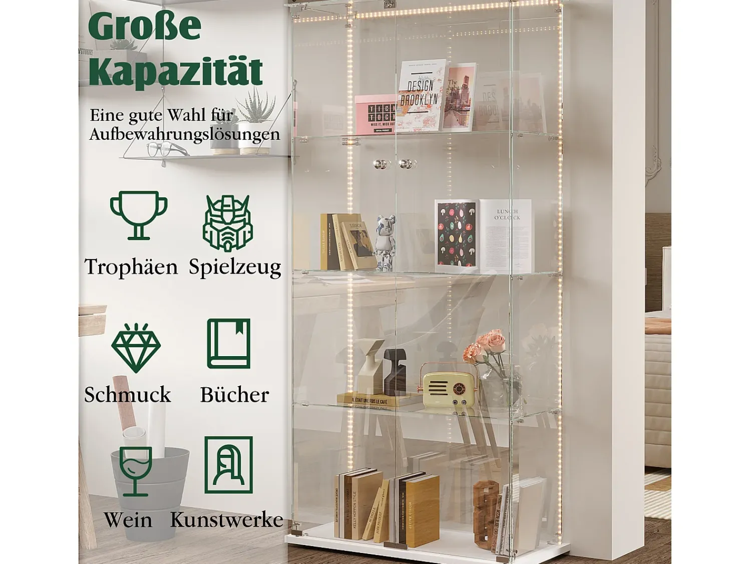 Vitrine de vidro com iluminação LED, 4 prateleiras e 2 portas, 78x35x163 cm, branca.^ Vitrina