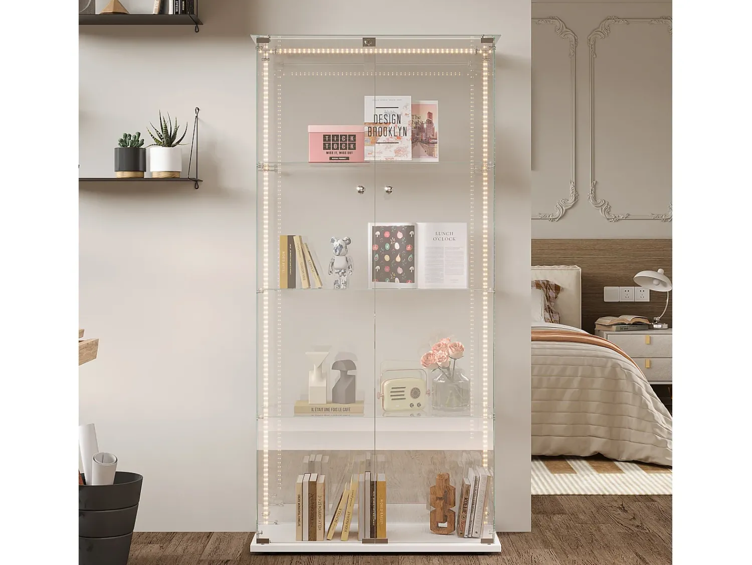 Vitrine de vidro com iluminação LED, 4 prateleiras e 2 portas, 78x35x163 cm, branca.^ Vitrina