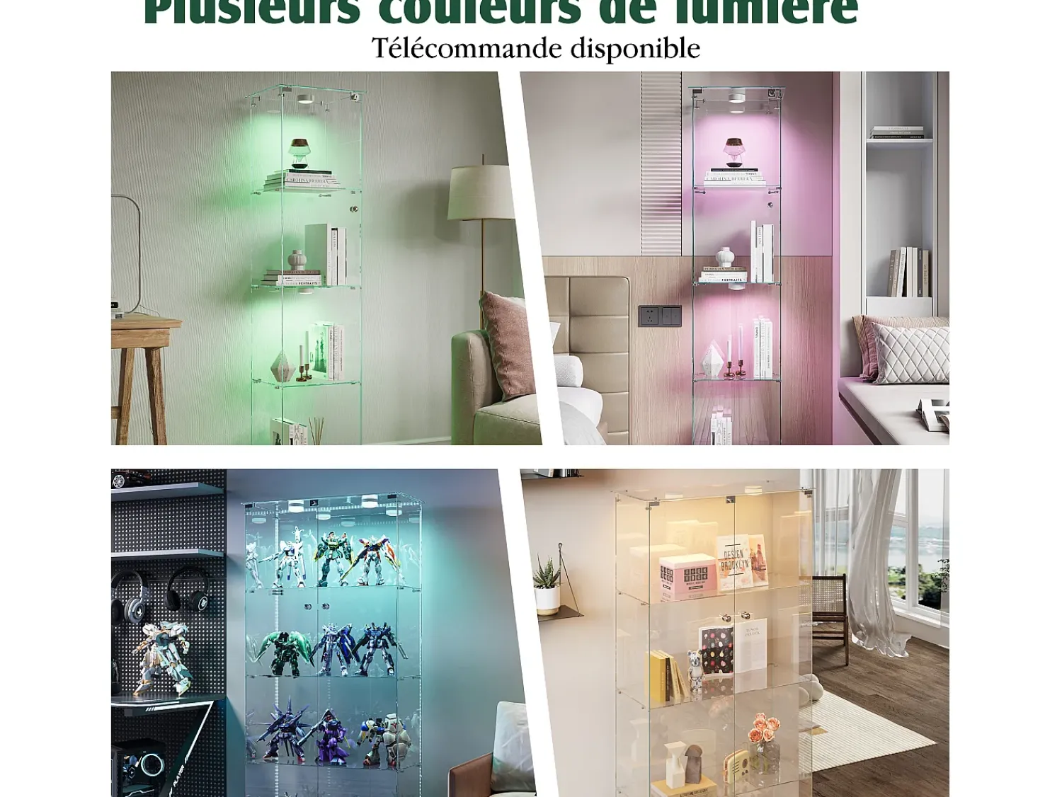 Vitrine de vidro com iluminação LED acionável por toque, portas e prateleiras com fechadura, 163x40x35 cm, preta^ Vitrina