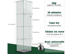 Vitrine de vidro com iluminação LED acionável por toque, portas e prateleiras com fechadura, 163x40x35 cm, preta^ Vitrina